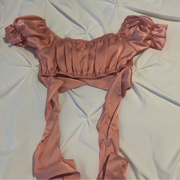 Women Ruffle Off Shoulder Crop Top Satin Strapless Short Sleeve Self Tie Blouse - Picture 5 of 7